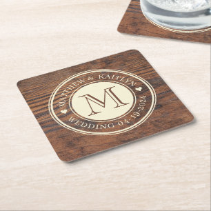 Rustic Bröllop Heart Monogram i Mörk Walnut Underlägg Papper Kvadrat