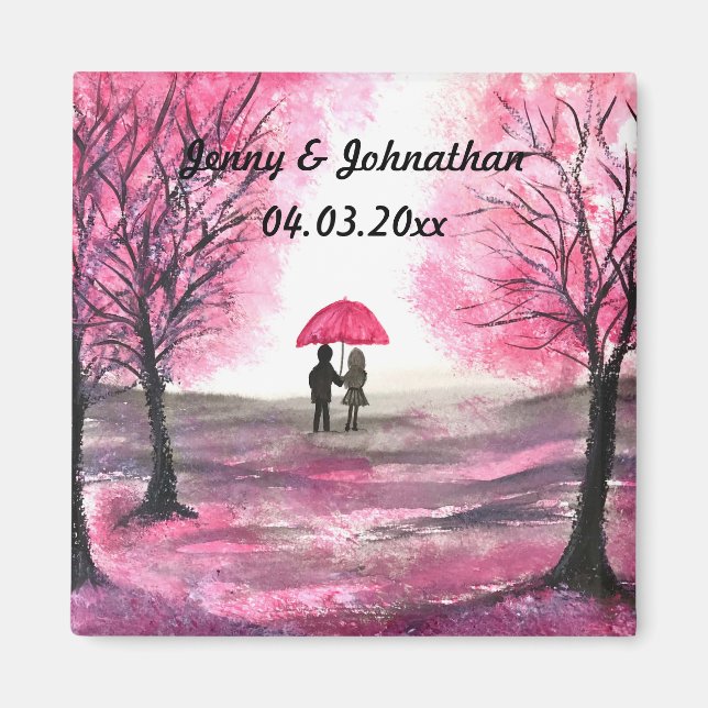 Rustic bröllop kärlek par körsbär blommar träd magnet (Framsidan)