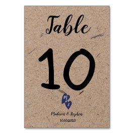 Rustic Bröllop | Kraft Papper Monogram Navy Heart Bordsnummer