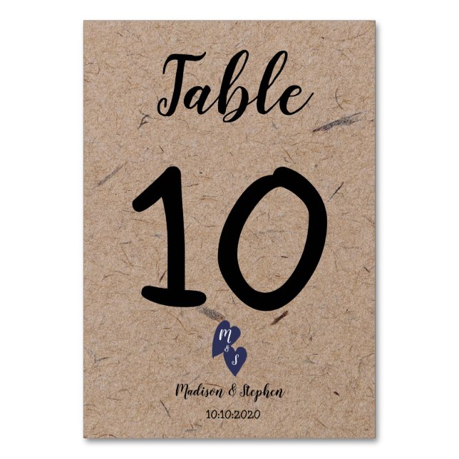 Rustic Bröllop | Kraft Papper Monogram Navy Heart Bordsnummer (Framsidan)