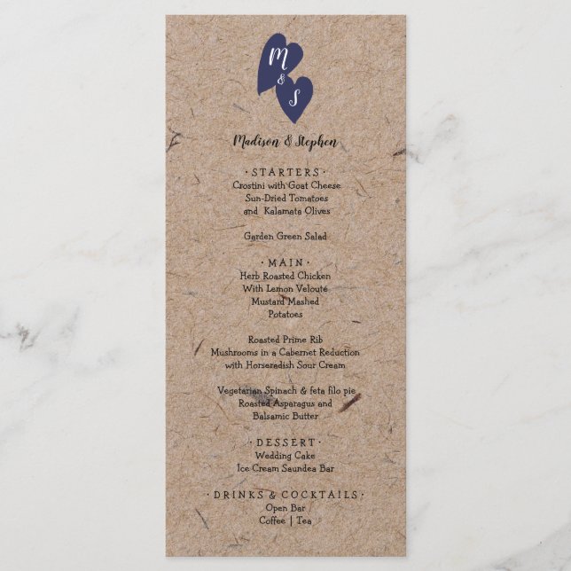 Rustic Bröllop | Kraft Papper Monogram Navy Heart Meny (Framsida)