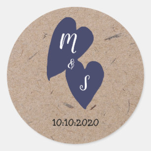 Rustic Bröllop   Kraft Papper Monogram Navy Heart Runt Klistermärke