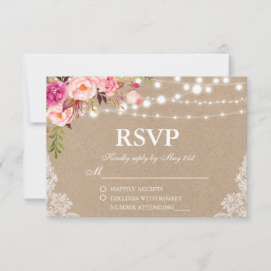 Rustic Bröllop Kraft Rosa Blommigt Ljus Snöre OSA Kort