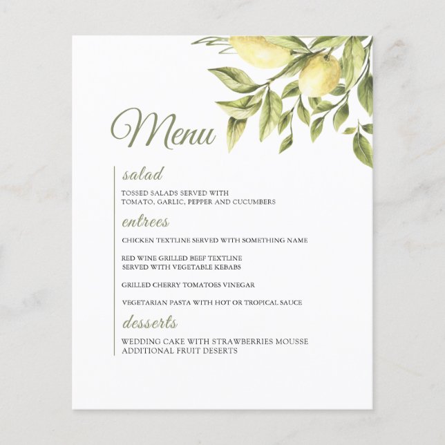 Rustic Bröllop Lemon Greenery Menu Flygblad (Framsidan)