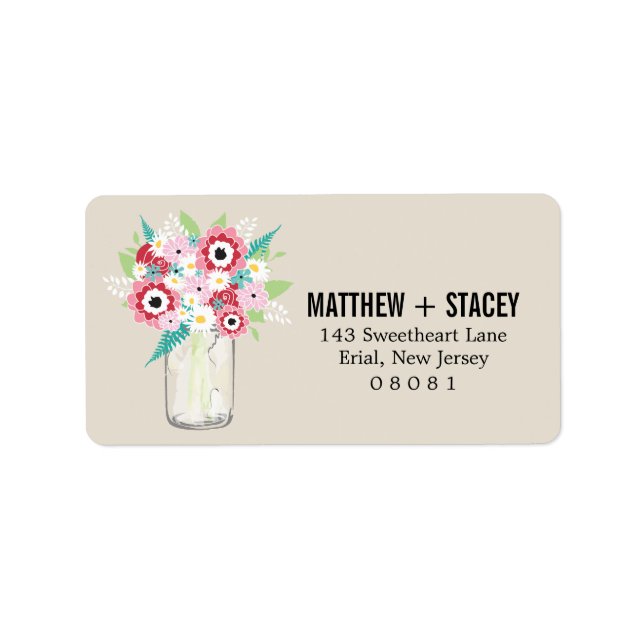 Rustic Bröllop Mason Burk och Blommigt Adressetikett (Framsidan)