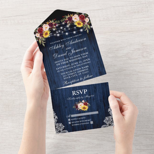 Rustic Bröllop med blandad Blommigt Blue Wood Snör (Avrivbar del)