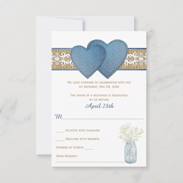 Rustic Bröllop OSA Card | Denim, Snöre, Burlap Inbjudningar (Framsida)
