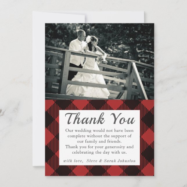 Rustic Bröllop Photo Tack Play Red Tartan Kort (Framsida)