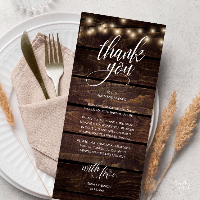Rustic Bröllop Rehearsal Midsal - tackkort Program (Modern Rustic Wedding Reception Dinner Lunch Brunch Thank You Card String Lights Dark Wood)