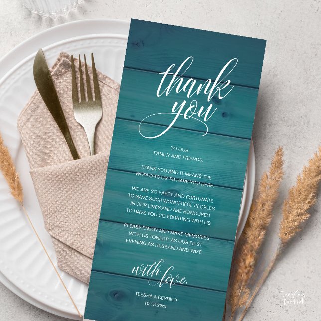 Rustic Bröllop Rehearsal Midsal - tackkort Program (Modern Rustic Wedding Reception Dinner Lunch Brunch Thank You Card Blue Green Teal)
