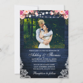 Rustic Bröllop Rosa Blommigt Blue Wood Ljus Photo Inbjudningar