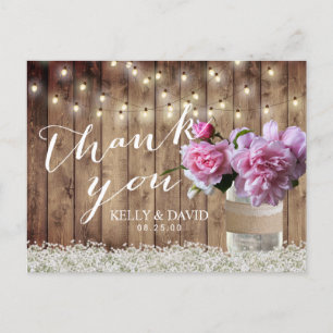 Rustic Bröllop Rosa Blommigt Mason Burk Tack Vykort