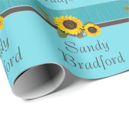 Rustic Bröllop Solros Teal Wood Grått Rand Presentpapper