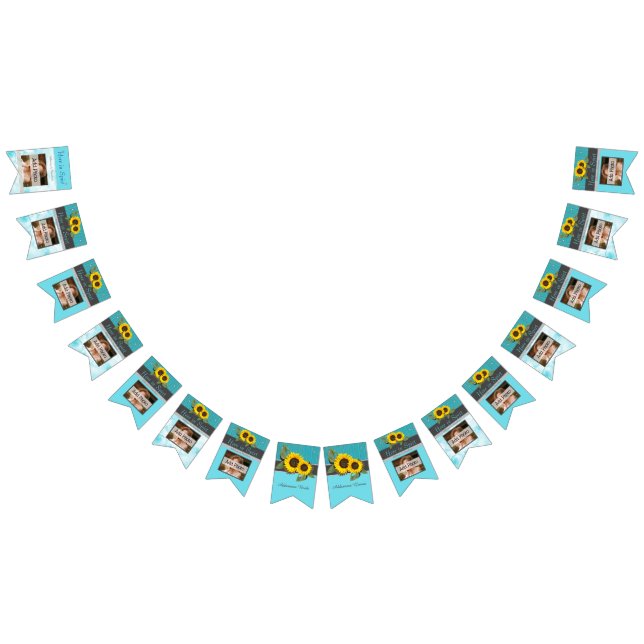 Rustic Bröllop Solros Teal Wood Grått Rand Vimplar (Alla)