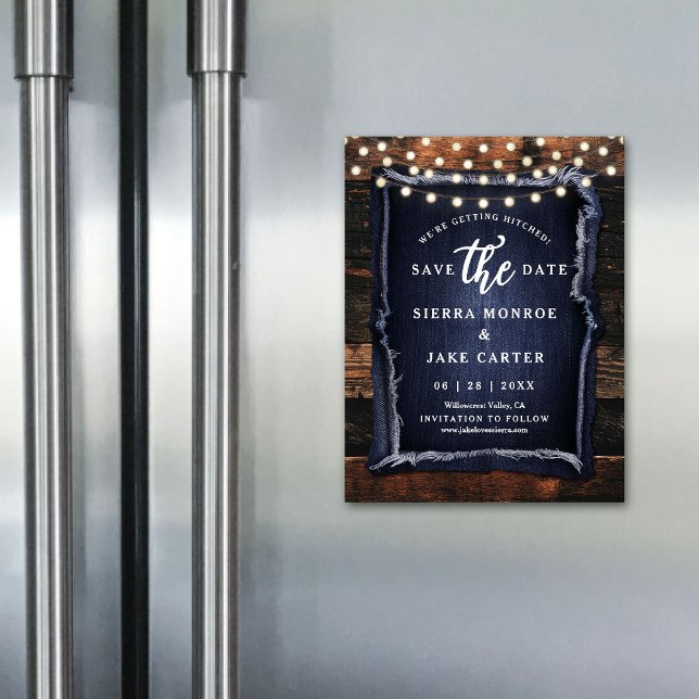 Rustic Bröllop Spara Date Wood Denim Photo Magnet (rustic wedding save the date magnet barn wood slice grain denim ranch country western casual chic)