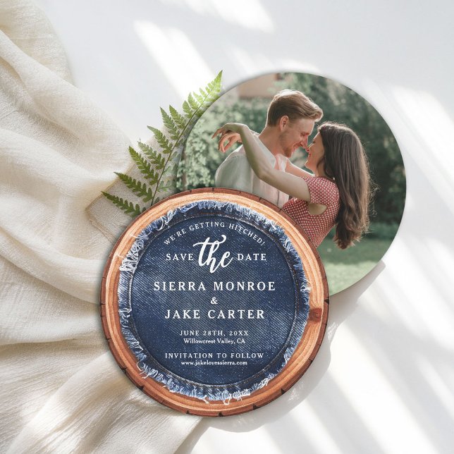 Rustic Bröllop Spara Date Wood Slice Denim Photo Inbjudningar (rustic wedding save the date barn wood slice grain denim ranch country western casual chic)