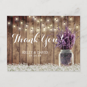 Rustic Bröllop String Light Lavender Burk Tack Vykort