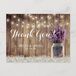 Rustic Bröllop String Light Lavender Burk Tack Vykort