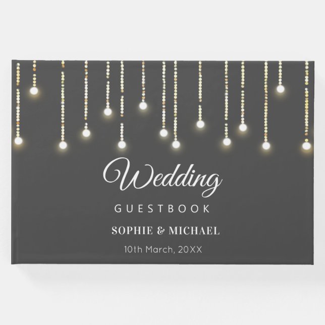 Rustic Bröllop String Ljus Black White Gästböcker (Framsida)