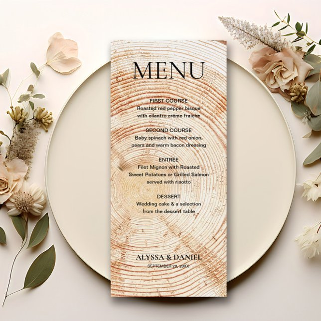 Rustic Bröllop Träd Wood bark Grain Meny (Rustic wood tree bark background, wedding menu. Fully customizable and unique.)