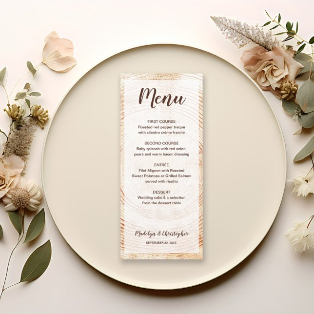 Rustic Bröllop Träd Wood Grain Anpassningsbar Meny (Rustic wood texture background wedding menu with script. Customizable food courses.)