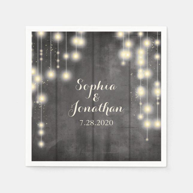 Rustic Bröllop Twinkle String Ljus Barn Wood Pappersservett (Framsidan)