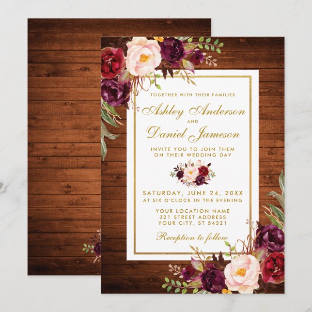 Rustic Bröllop Wood Burgundy Blommigt Wedding bjud Inbjudningar (Fram/baksida)