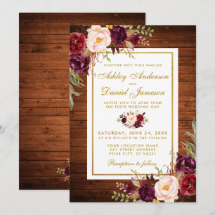 Rustic Bröllop Wood Burgundy Blommigt Wedding bjud Inbjudningar