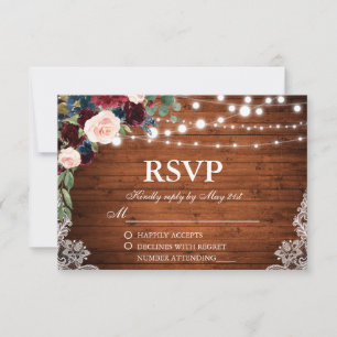 Rustic Bröllop Wood Burgundy Blue Blommigt OSA Kort