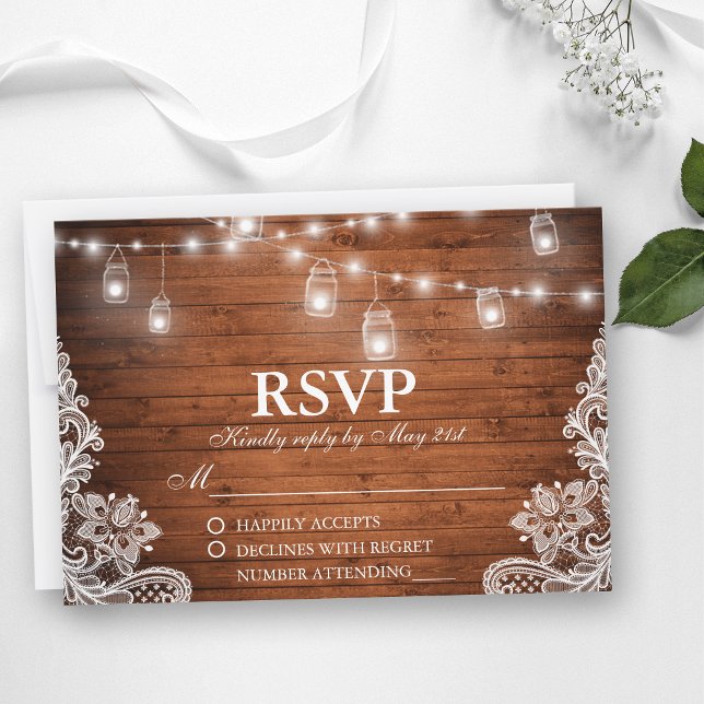 Rustic Bröllop Wood Burk String Ljus Snöre OSA Kort (Customize to change text size, text style or to add more text to back of card.)