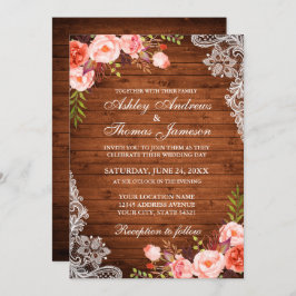 Rustic Bröllop Wood Coral Blommigt Snöre Inbjudan