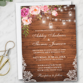 Rustic Bröllop Wood Ljus Burk Snöre Rosa Blommigt Inbjudningar