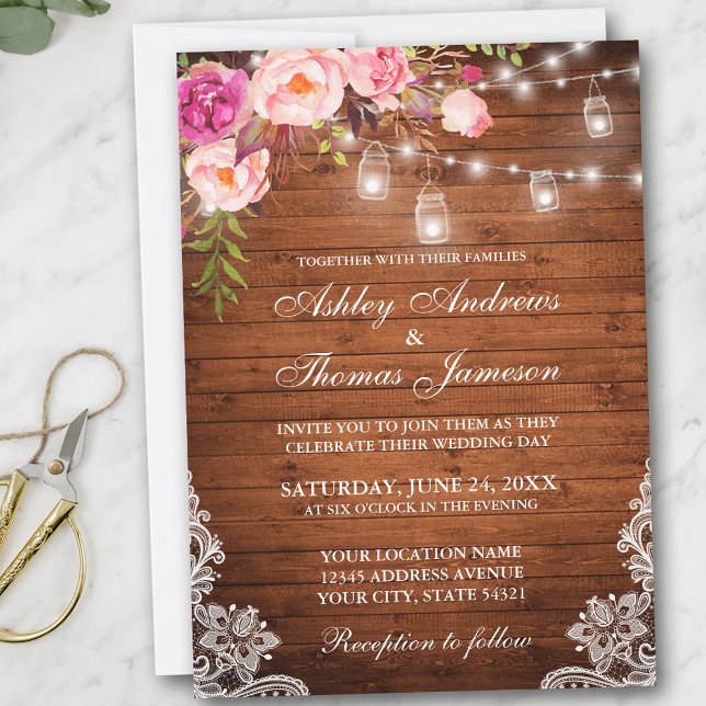 Rustic Bröllop Wood Ljus Burk Snöre Rosa Blommigt Inbjudningar (Customize to add more text or photos to back of card.)