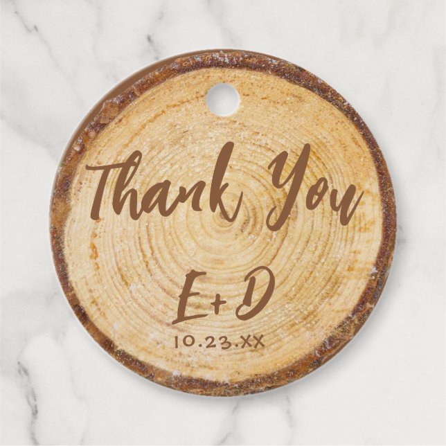 Rustic Bröllop Wood Slice Tack Brown-skript Gåvor Etiketter (Framsida)