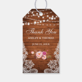 Rustic Bröllop Wood Snöre Rosa Blommigt Tack Presentetikett