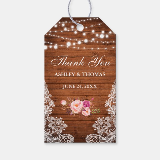 Rustic Bröllop Wood Snöre Rosa Blommigt Tack Presentetikett (Framsidan)