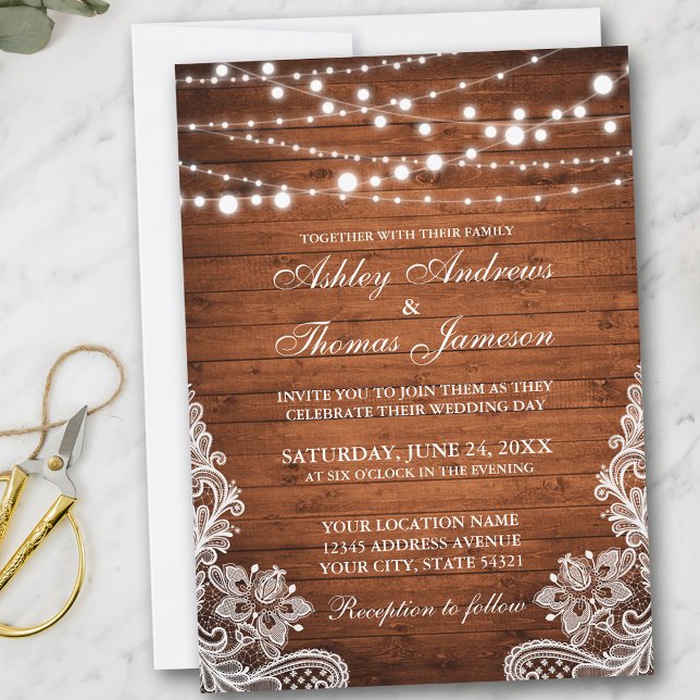 Rustic Bröllop Wood String Ljus Snöre Inbjudan (Customize to add more text or photos to back of card.)