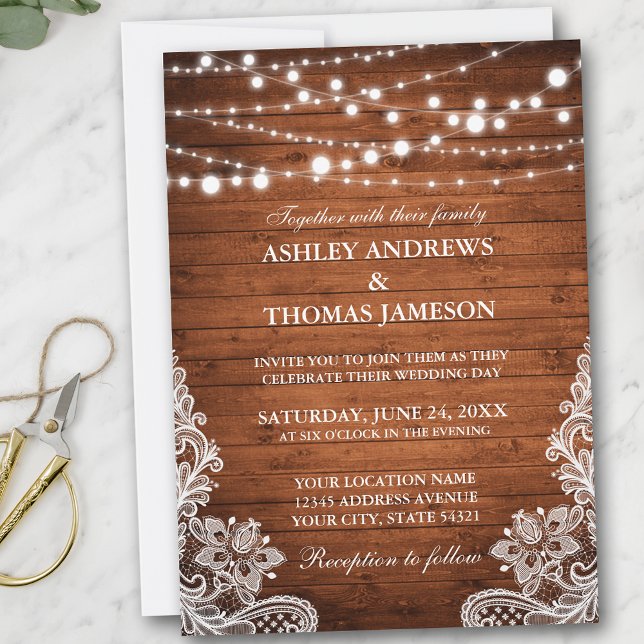 Rustic Bröllop Wood String Ljus Snöre Inbjudningar (Customize to add more text or photos to back of card.)