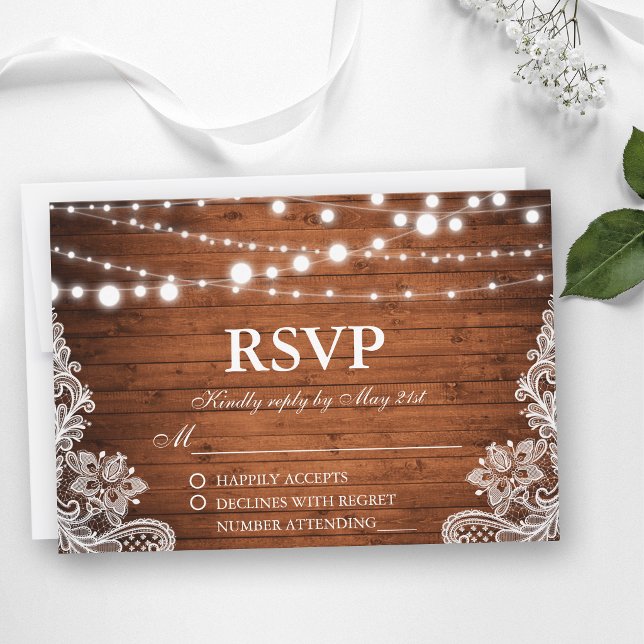 Rustic Bröllop Wood String Ljus Snöre OSA Kort (Customize to change text size, text style or to add more text to back of card.)