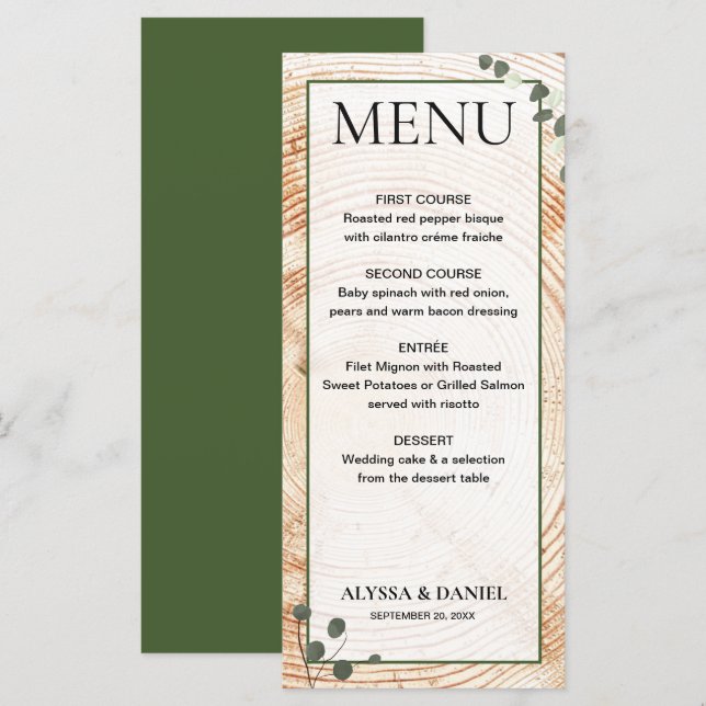 Rustic Bröllop Wood Träd bark med eukalyptus Meny (Fram/baksida)