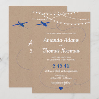 Rustic bröllopsinbjudan med flygplan och ljus inbjudningar