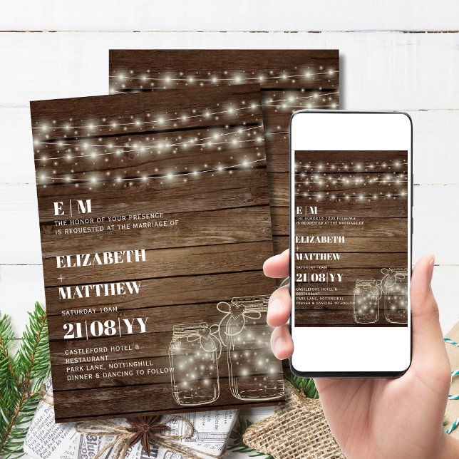 Rustic bröllopsinbjudningar Mason Burk Ljus Inbjudningar (Printed or Digital! Print at home and save on shipping and speed!)