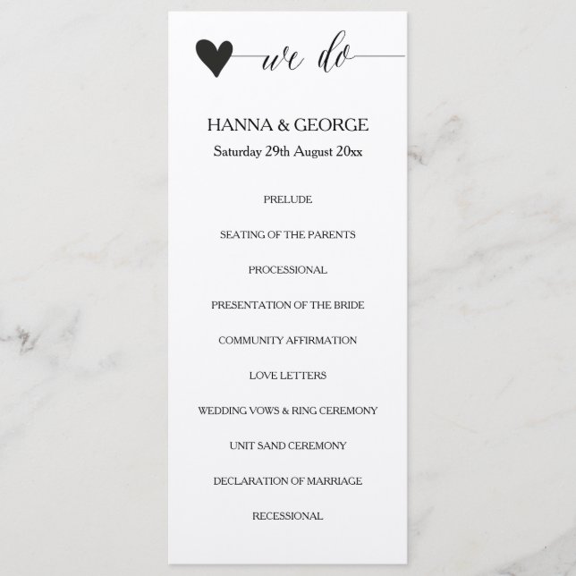 Rustic bröllopsprogram hjärtklappning program (Framsida)