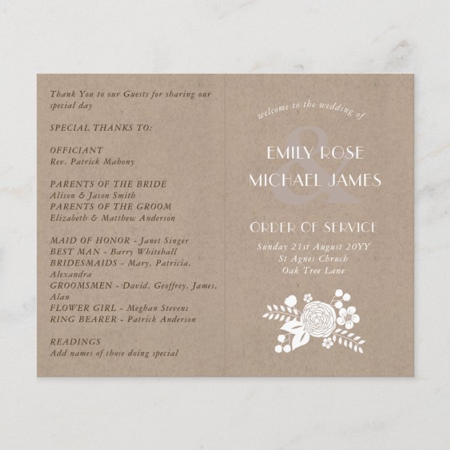 Rustic Bröllopsprogram Order of Service Kraft look (Framsida)