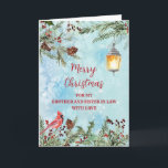Rustic Brother och syster i Law God jul Kort<br><div class="desc">God jul för broder och syster i lagkort med grönt vattenfärgsblad,  kardinal och rustik lantern och tankfull vers.</div>
