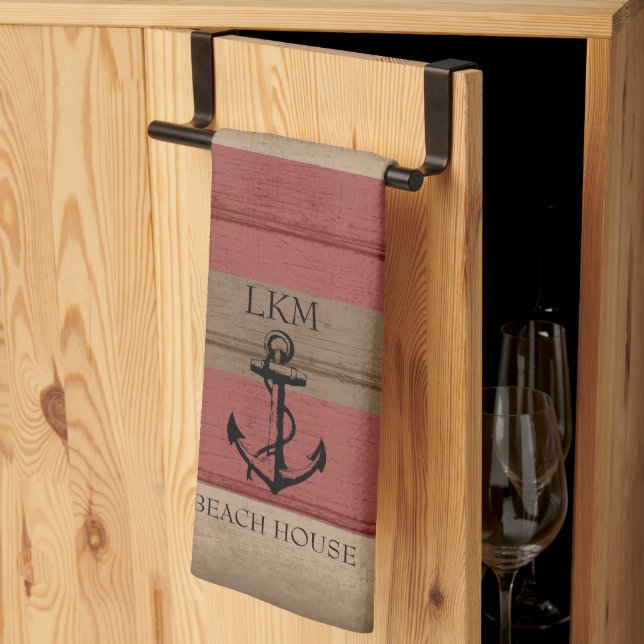 Rustic Brown and Red Wood Nautical - Monogram Kökshandduk (Thirds Fold)