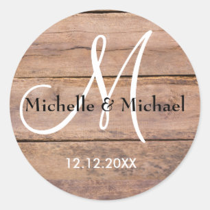 Rustic Brown Barn Wood Bride and Groom Monogram Runt Klistermärke