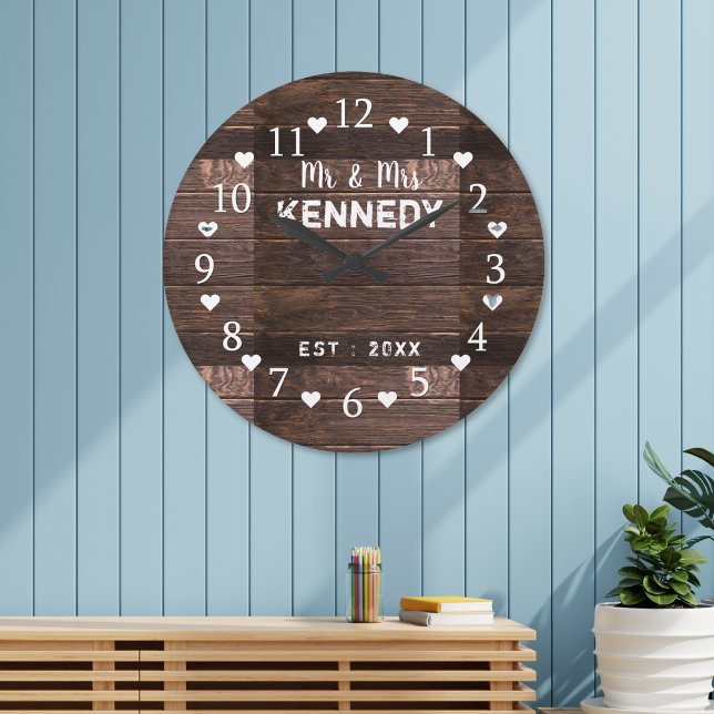 Rustic Brown Barn Wood Bröllop Stor Klocka (Rustic Brown Barn Wood Wedding Large Clock)