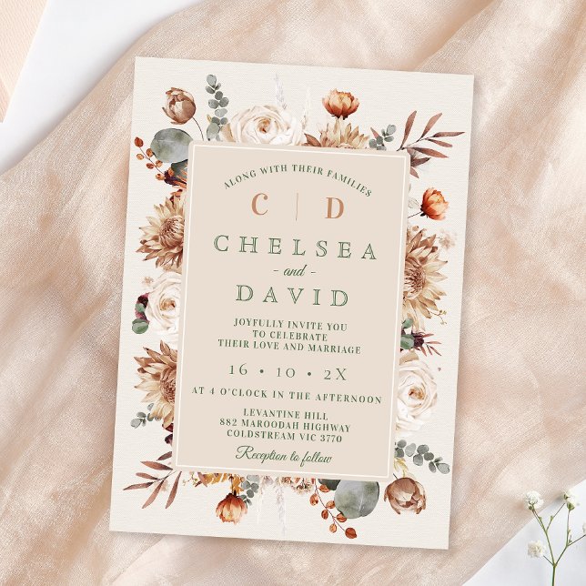Rustic Brown Beige Monogram Blommigt Bröllop Inbjudningar (Rustic Floral Wedding Invitation Template, Fall Floral Wedding Invite, Brown Cream Floral Wedding)