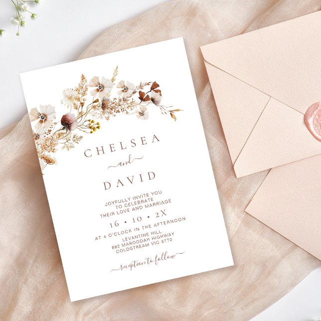 Rustic Brown Blommigt Wildblommor Bröllop Inbjudningar (Rustic Wildflowers Wedding Invitation, Modern Rustic Wildflower Wedding Invite, Floral Natural Tones)